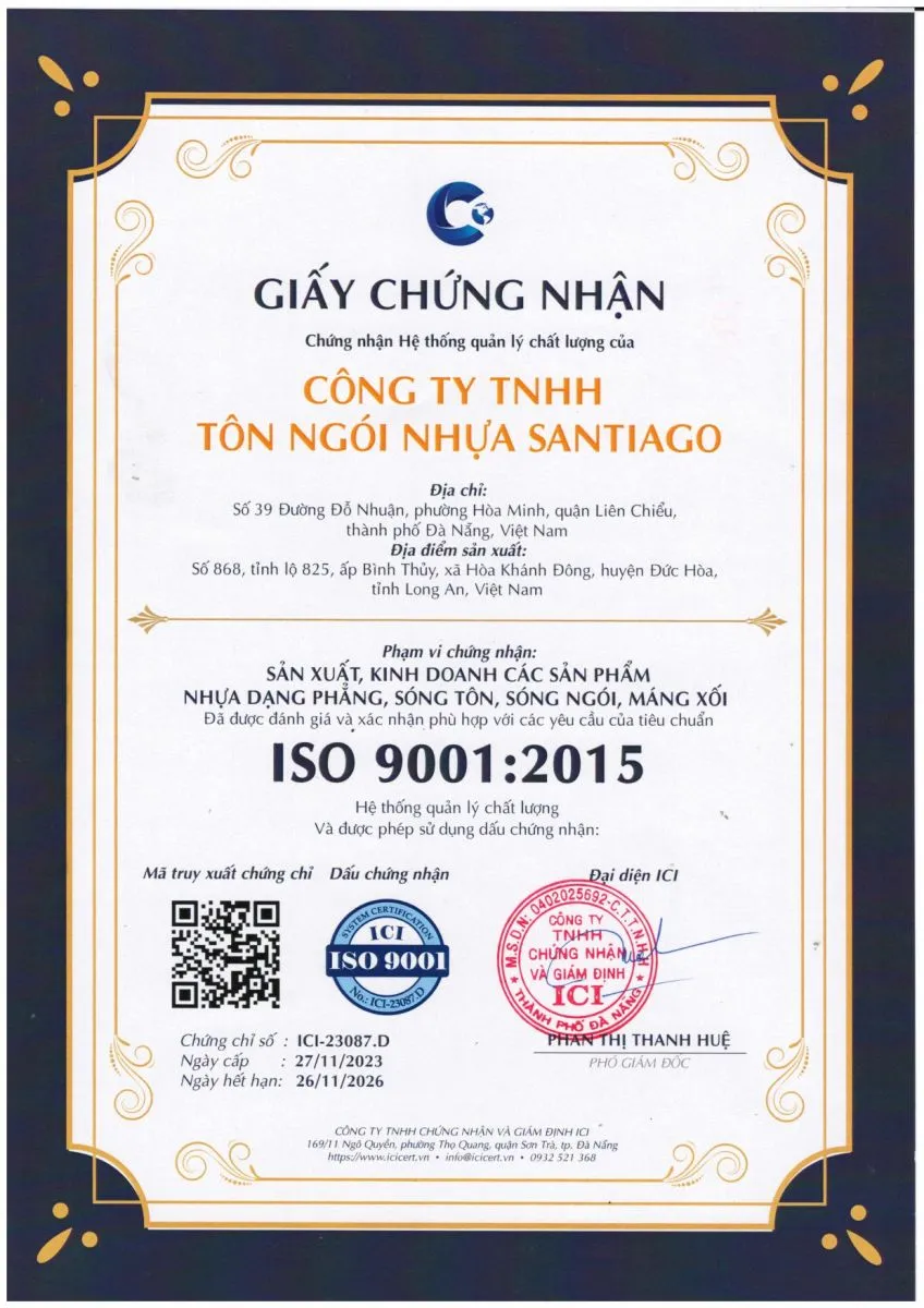 Giấy chứng nhận ISO 9001:2015 của Santiago